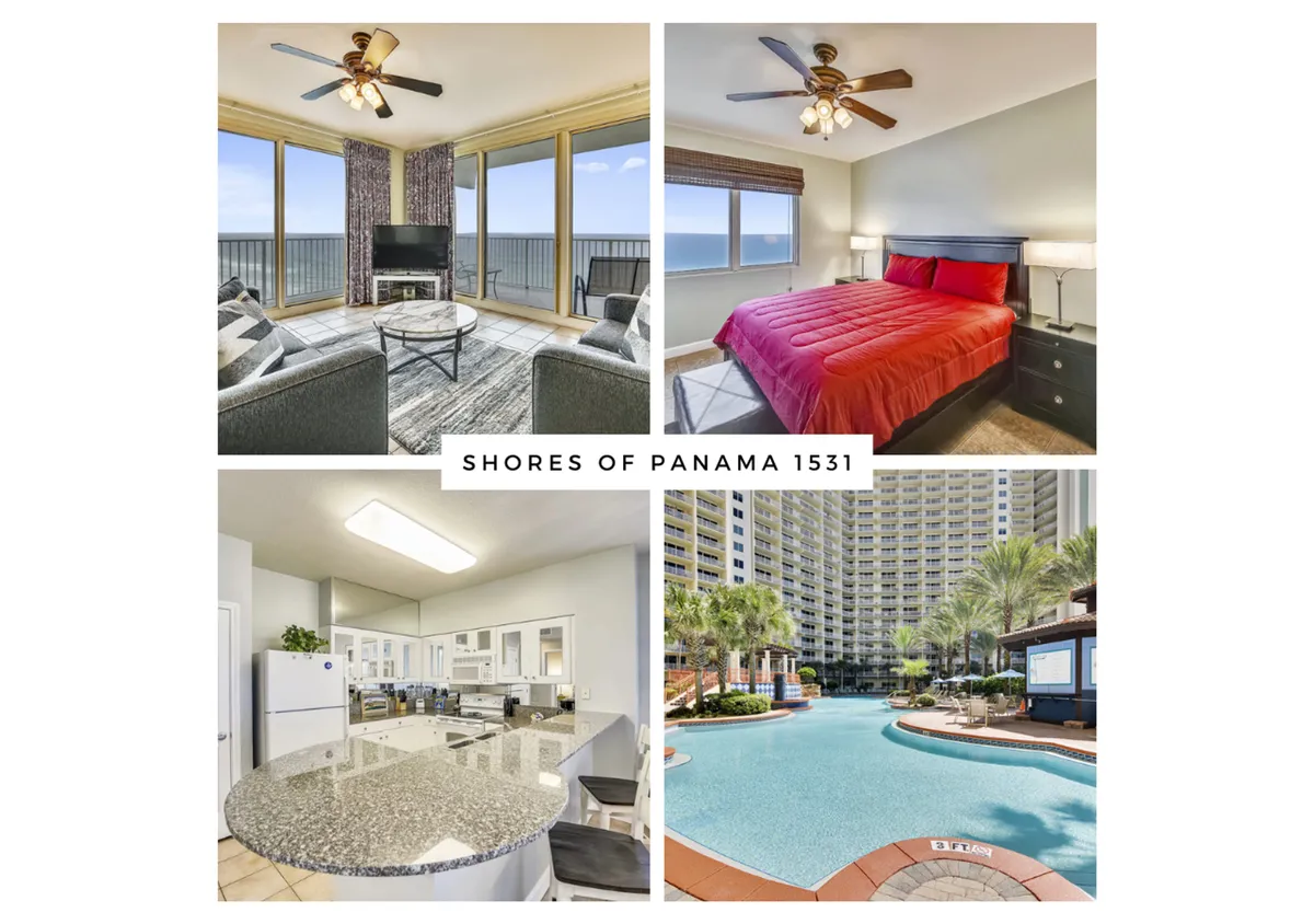 The image showcases a sophisticated condo interior with floor-to-ceiling windows framing breathtaking Gulf views, a plush king-size bed with striking red bedding, a sleek modern kitchen with granite counters, and the resort’s palm-lined swimming pool visible below—all bathed in natural light.